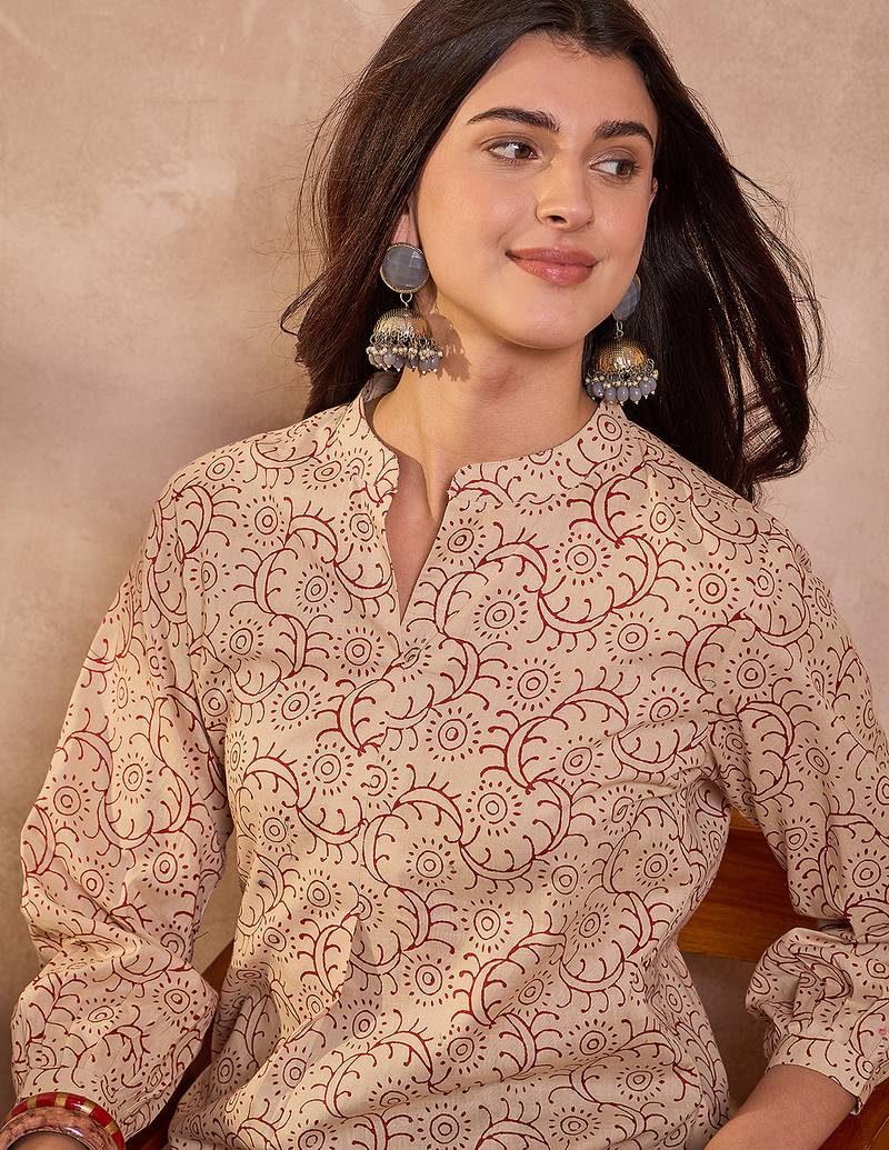 Women beige ethnic motifs printed cotton tops