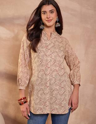 Women beige ethnic motifs printed cotton tops 2