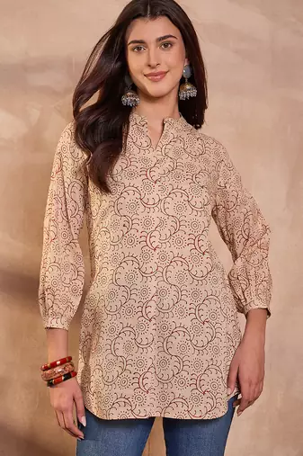 beige cotton printed ethnic motif tunic top