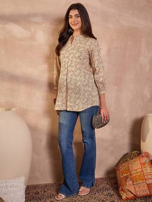 Women beige ethnic motifs printed cotton tops 3