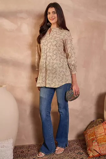 beige cotton printed ethnic motif tunic top