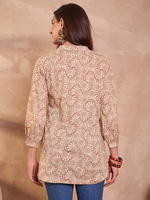 Women beige ethnic motifs printed cotton tops 4