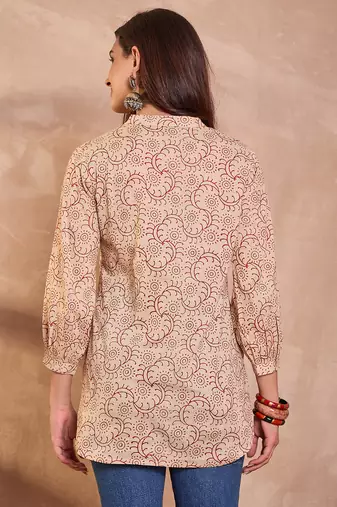 beige cotton printed ethnic motif tunic top