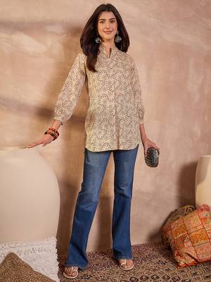 Women beige ethnic motifs printed cotton tops 5