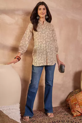 beige cotton printed ethnic motif tunic top