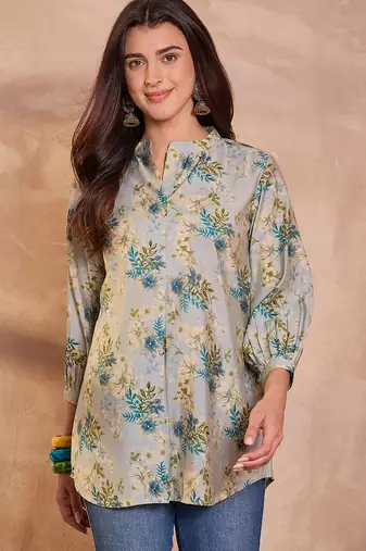 Women grey floral printed silk blend tops