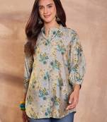 Women grey floral printed silk blend tops