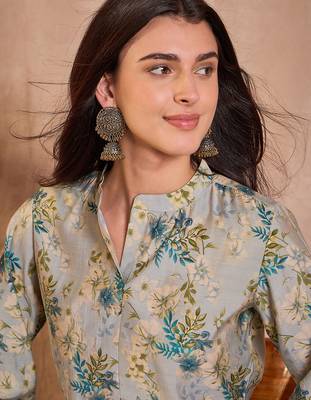 grey floral printed silk blend top for women 2
