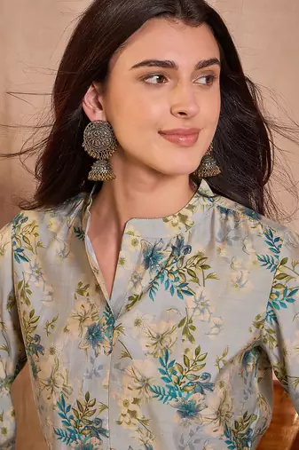 grey floral printed silk blend top for women