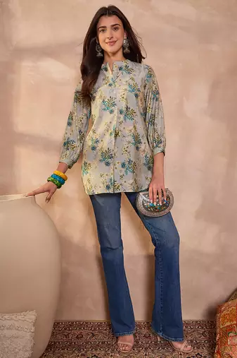 grey floral printed silk blend top for women