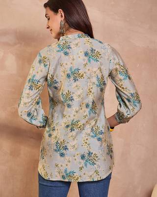 grey floral printed silk blend top for women 4