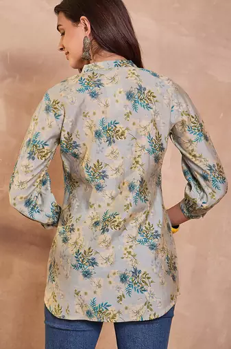 grey floral printed silk blend top for women