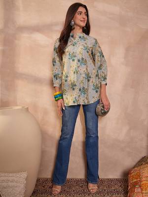 grey floral printed silk blend top for women 5