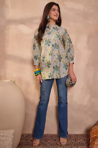 grey floral printed silk blend top for women