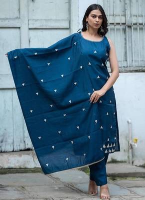 Floral embroidered  cotton boat neck blue kurta trouser & dupatta set 1