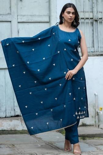 Floral embroidered pure cotton boat neck blue kurta trouser & dupatta set