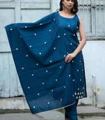 Floral embroidered pure cotton boat neck blue kurta trouser & dupatta set