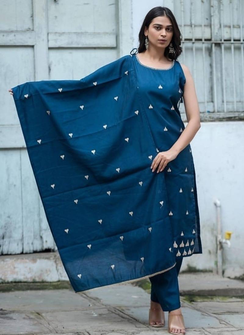 Floral embroidered pure cotton boat neck blue kurta trouser & dupatta set