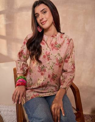 pink floral printed silk blend top for women 2