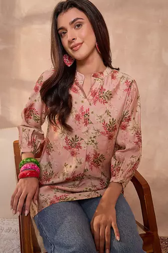 pink floral printed silk blend top for women