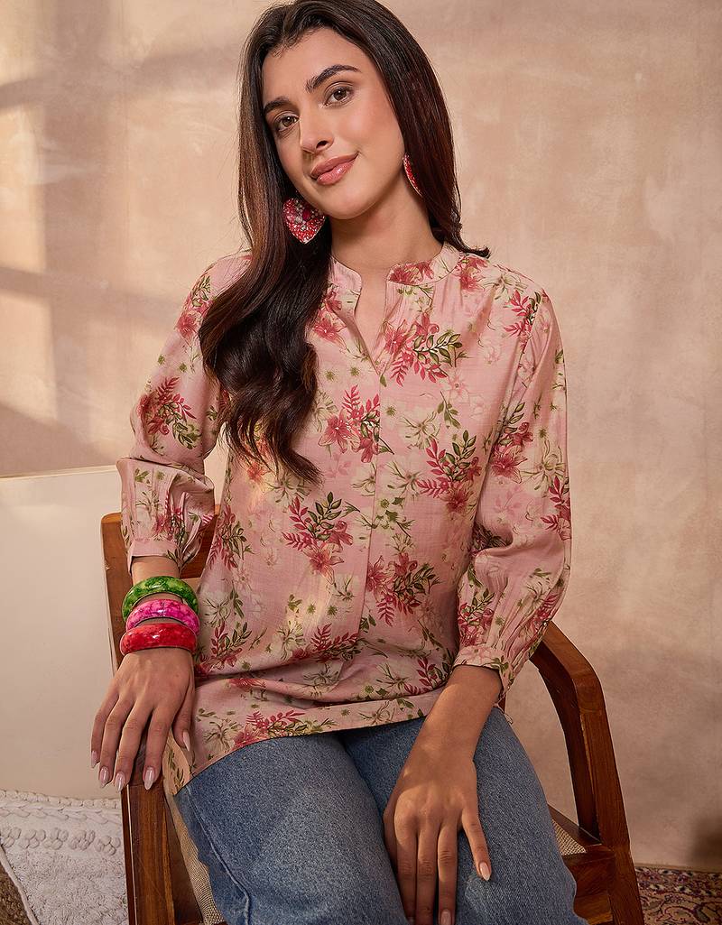 Women pink floral printed silk blend tops
