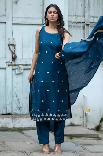 Floral embroidered  cotton boat neck blue kurta trouser & dupatta set