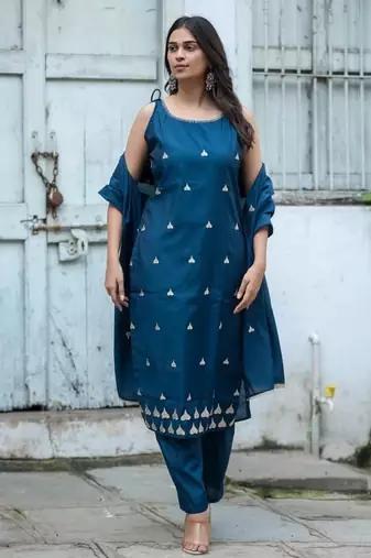 Floral embroidered  cotton boat neck blue kurta trouser & dupatta set