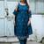 Floral embroidered pure cotton boat neck blue kurta trouser & dupatta set