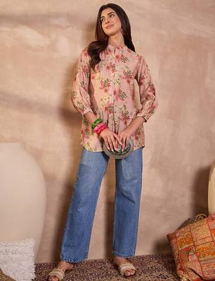 pink floral printed silk blend top for women 3