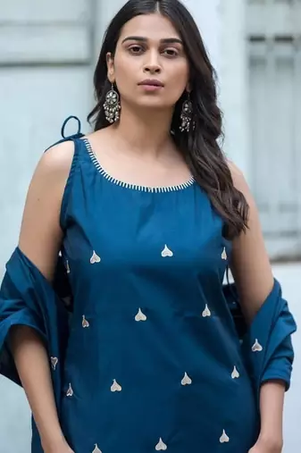 Floral embroidered  cotton boat neck blue kurta trouser & dupatta set