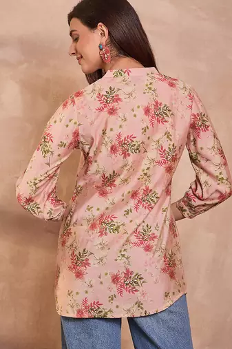 pink floral printed silk blend top for women