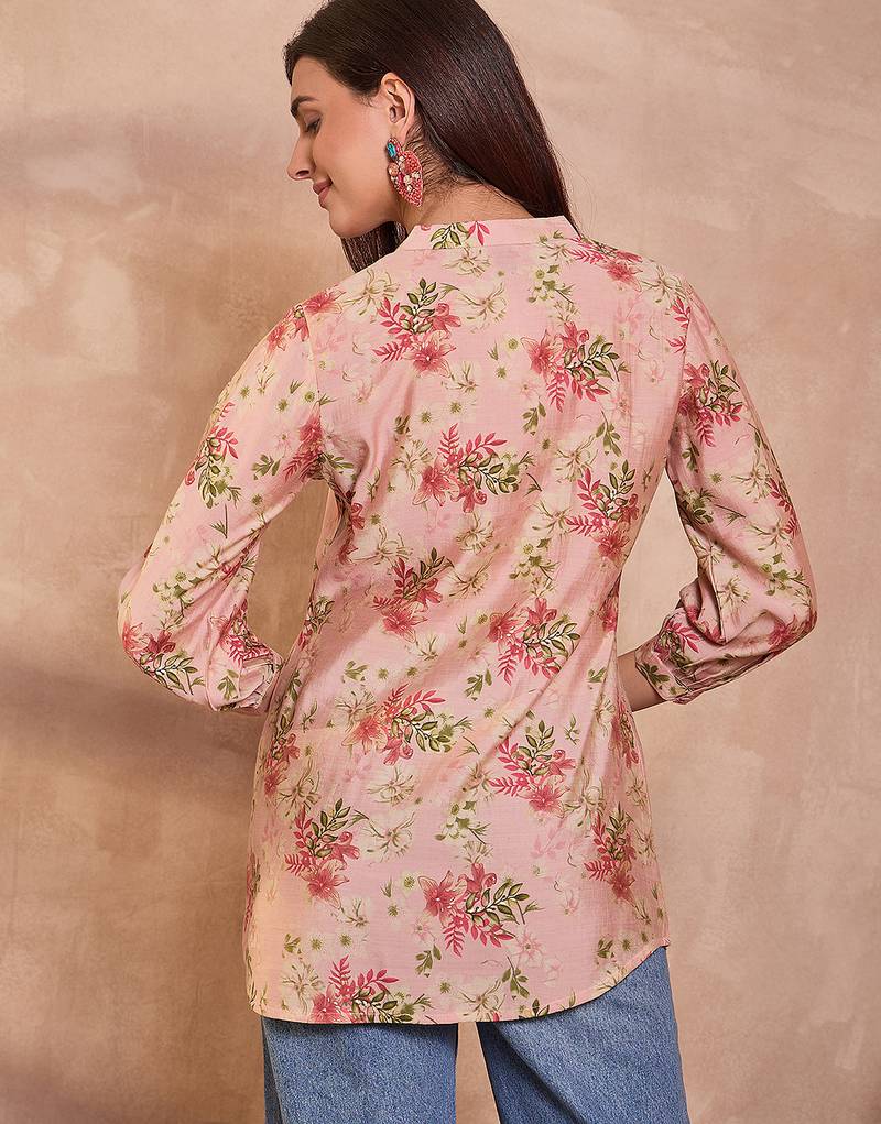 Women pink floral printed silk blend tops