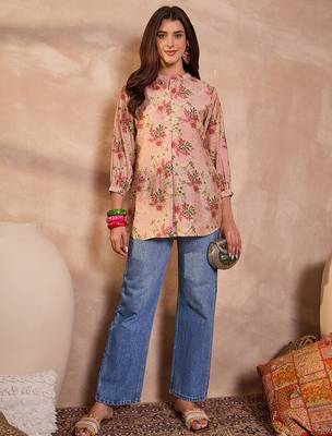 pink floral printed silk blend top for women 5