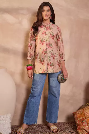 pink floral printed silk blend top for women