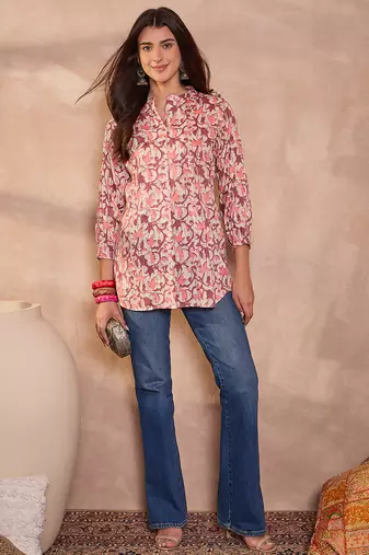 cream floral printed cotton blend top for women