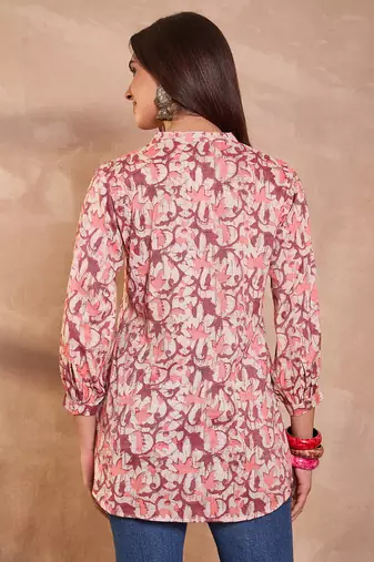 cream floral printed cotton blend top for women