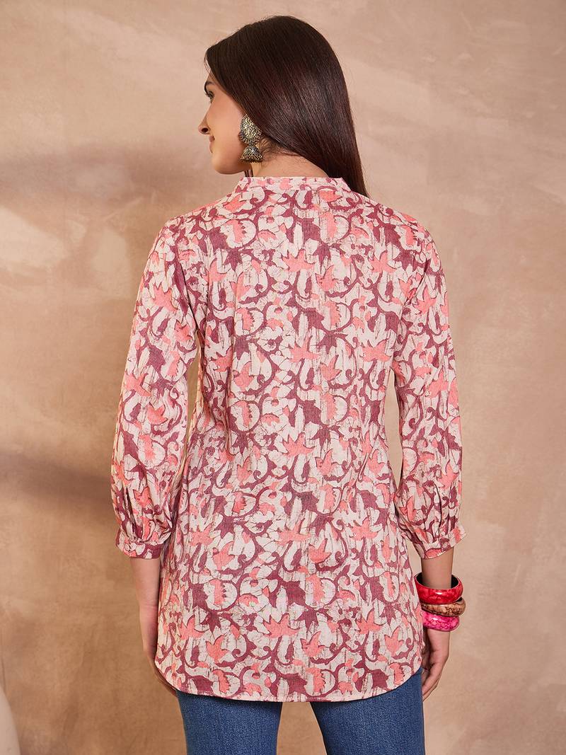 Women cream floral printed cotton blend tops