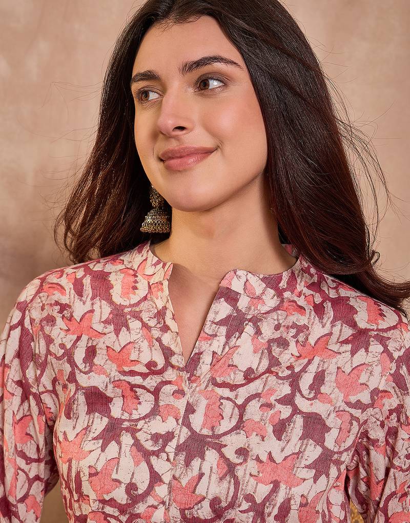 Women cream floral printed cotton blend tops