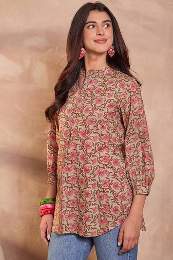 green floral printed cotton top for women