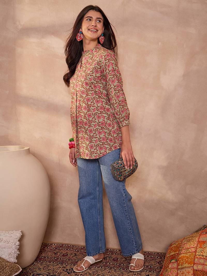 green floral printed cotton top for women