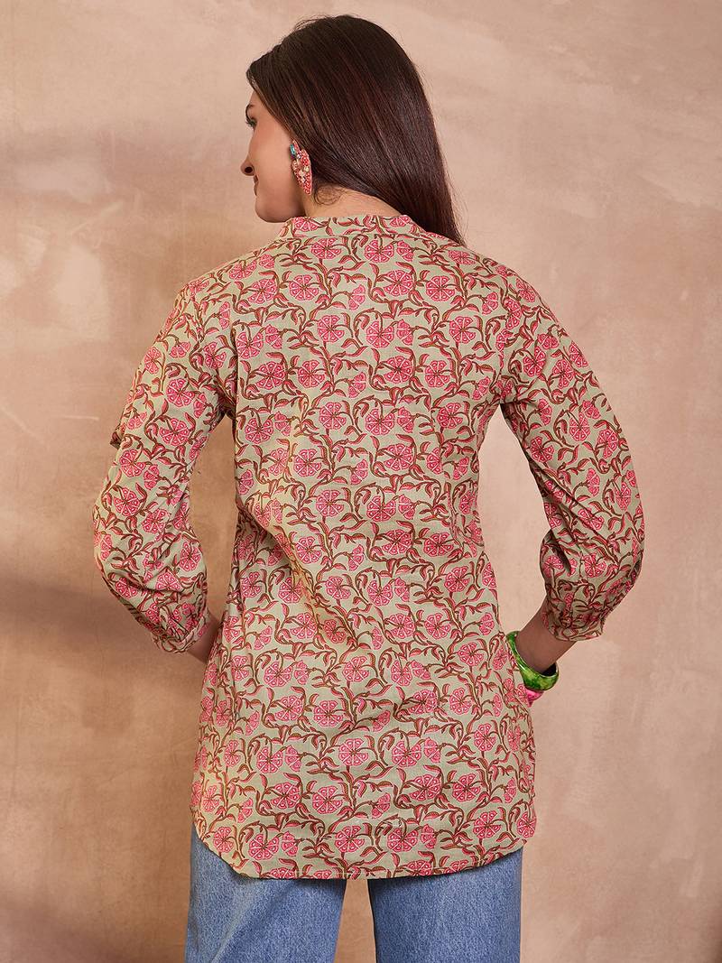 Women green floral printed cotton tops