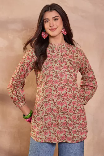 green floral printed cotton top for women