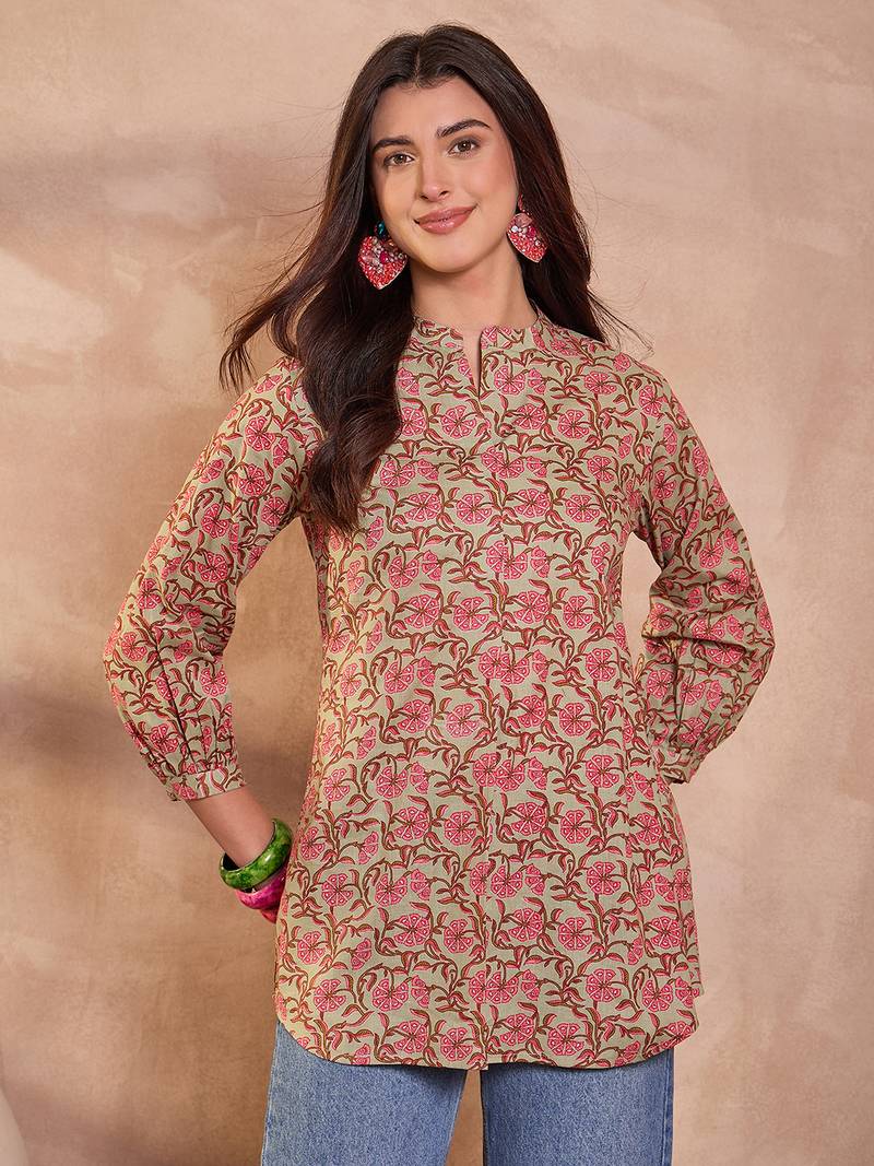 green floral printed cotton top for women