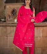 Floral embroidered pure cotton boat neck pink kurta trouser & dupatta set