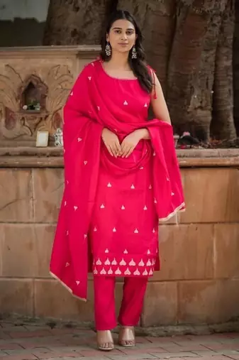 Floral embroidered  cotton boat neck pink kurta trouser & dupatta set