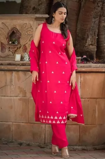 Floral embroidered  cotton boat neck pink kurta trouser & dupatta set