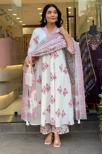 Floral printed pure cotton v neck white kurta trouser & dupatta set