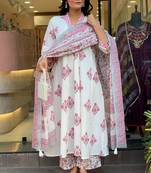 Floral printed pure cotton v neck white kurta trouser & dupatta set