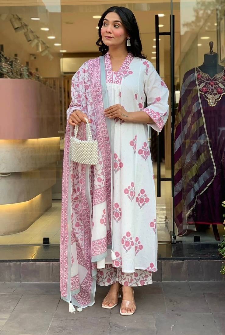 Floral printed pure cotton v neck white kurta trouser & dupatta set