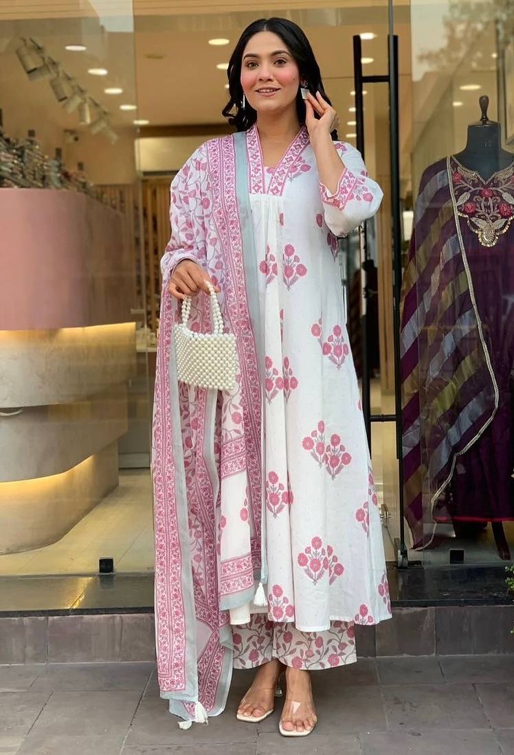 Floral printed pure cotton v neck white kurta trouser & dupatta set